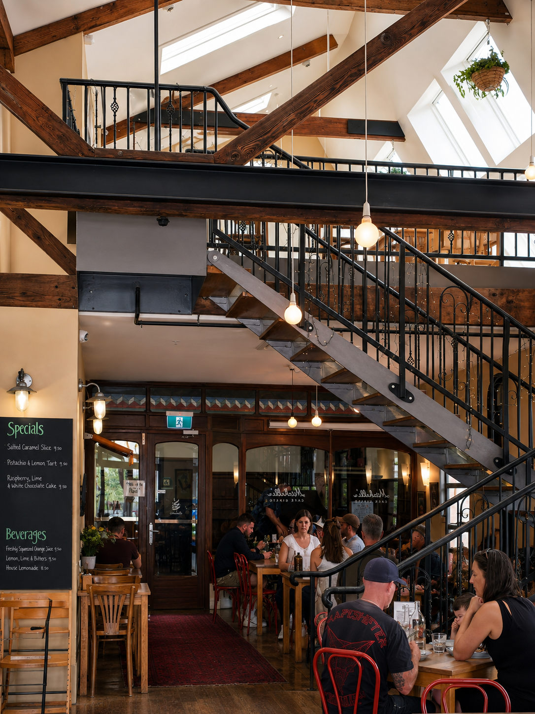 The high-ceilinged interior and staircase at Mitchelli's Cafe Rinato