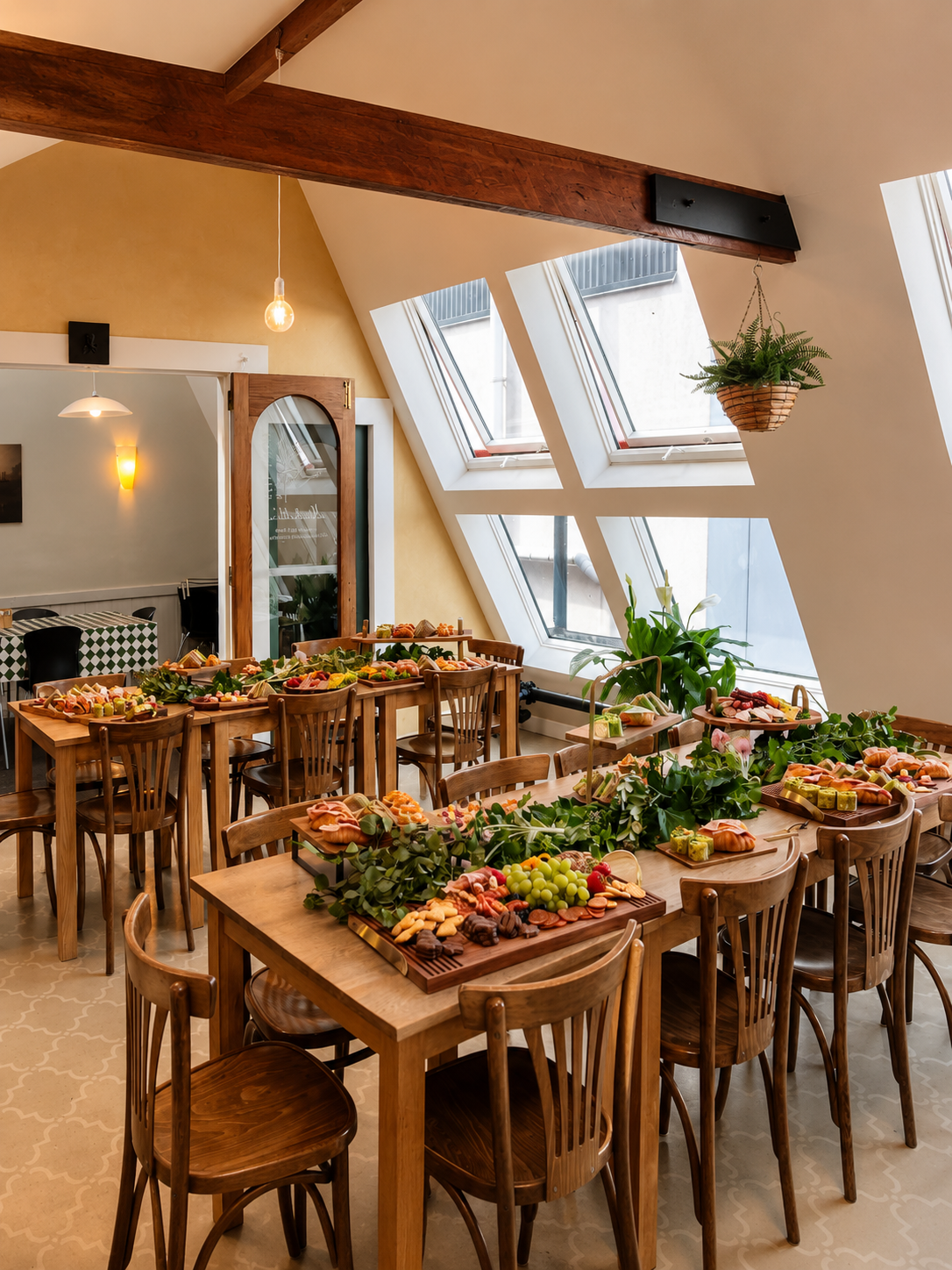 Tables set with food boards inside Mitchelli's Cafe Rinato