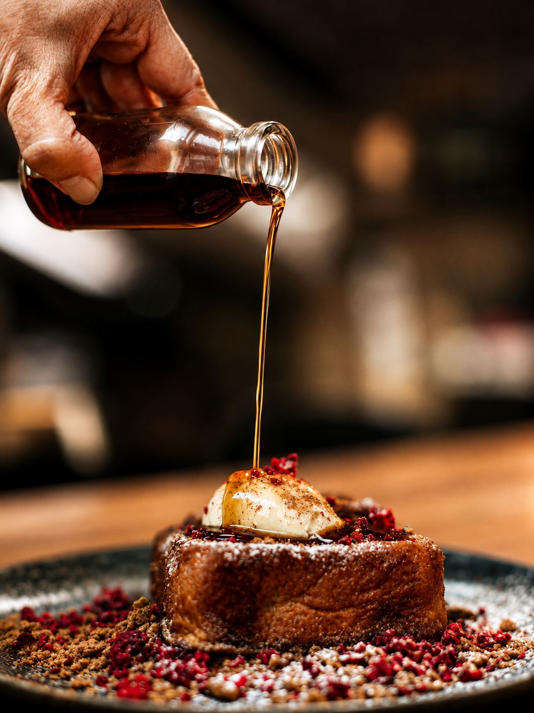Syrup being poured over a plated dessert at Mitchelli's Cafe Rinato